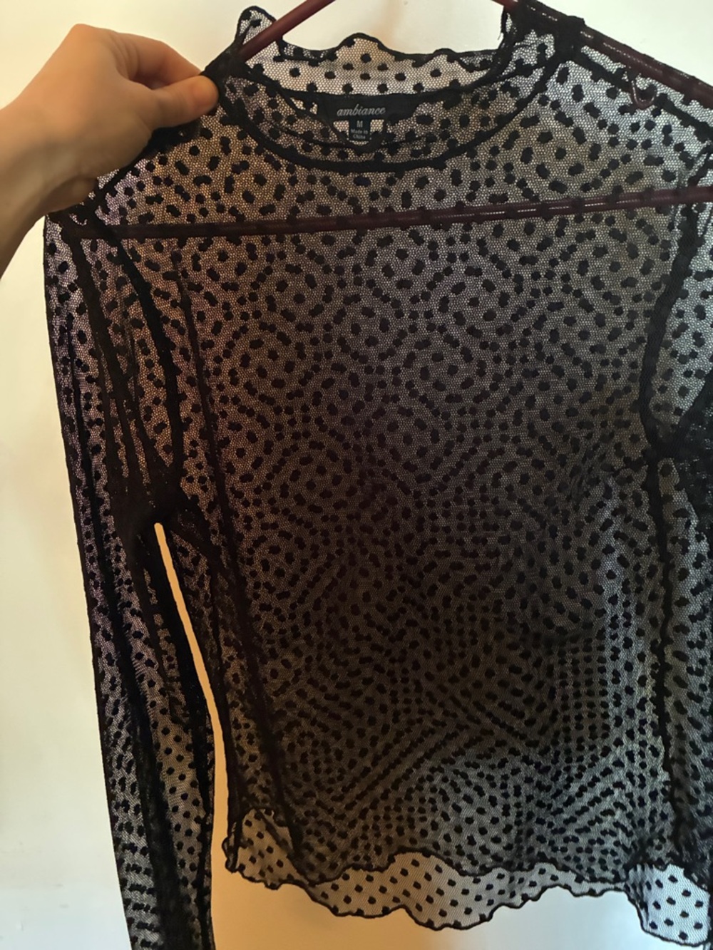 Ambiance Black Sheer Dot Mesh Long-Sleeve Top